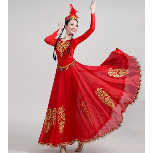 Women chinese folk dance dress red color Xinjiang dance performance costume Uygur minority ethnic style opening dance big swing skirt for female